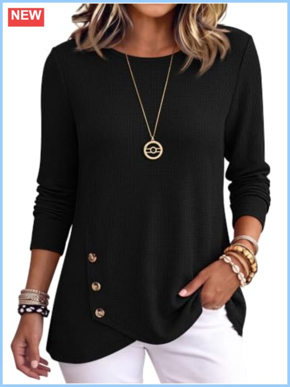 Women's Waffle Knit Tunic Top Long Sleeve Crew Neck Curved Hem